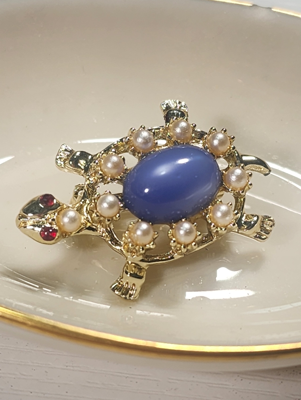 Vintage Gold Toned Turtle Brooch with Blue Cabochon and Pearls